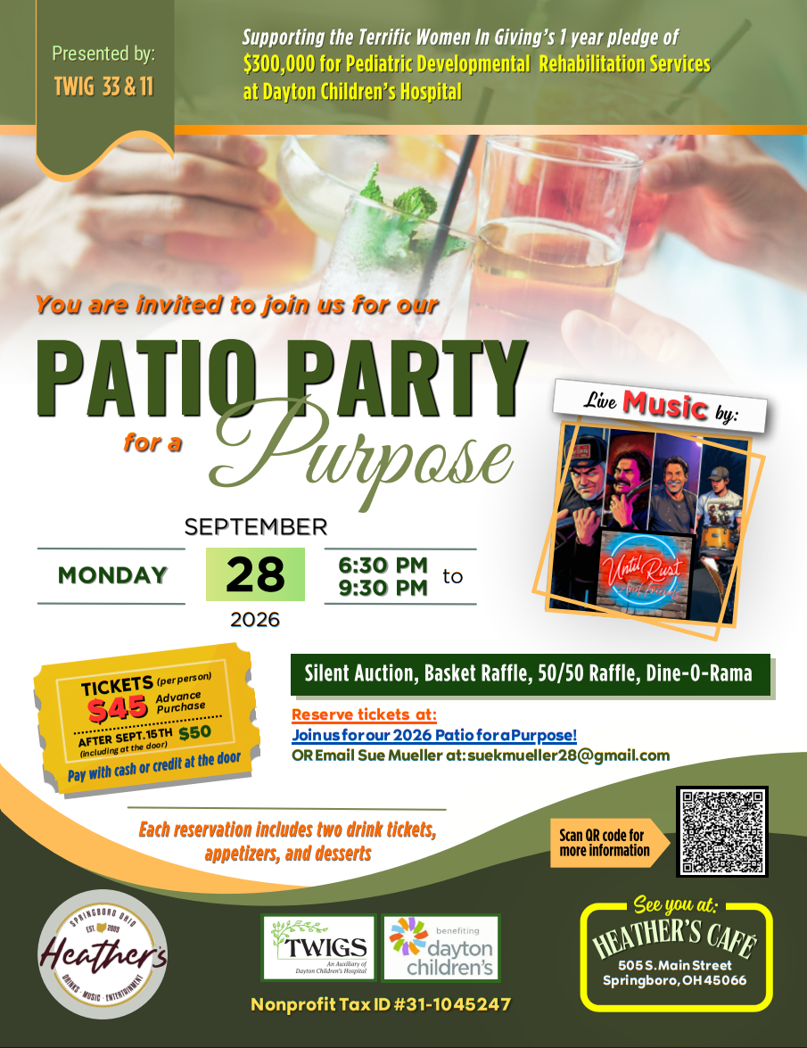 Heathers Patio Party for a Purpose TWIG event flyer with Until Rust